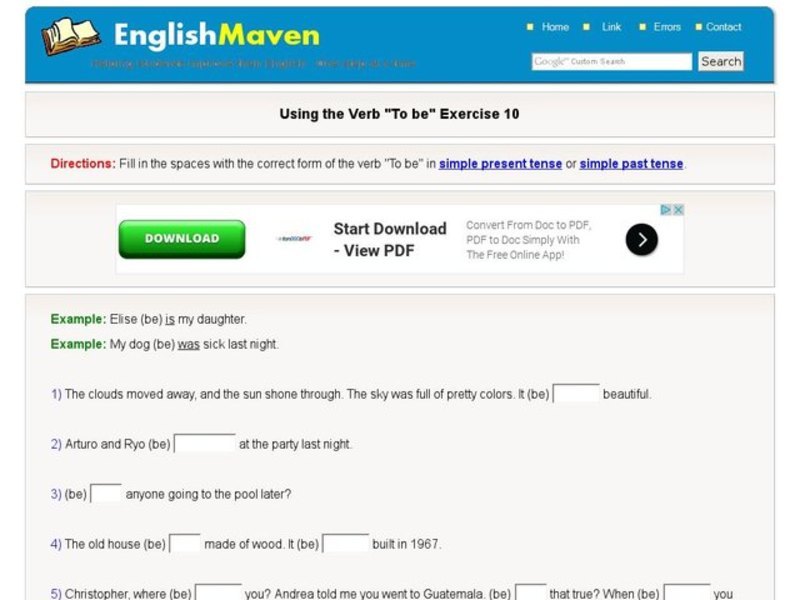 Using the Verb "to be" Exercise 10 Interactive
