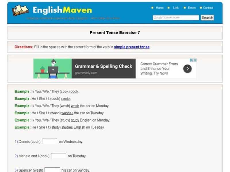 Present Tense Exercise 7 Interactive