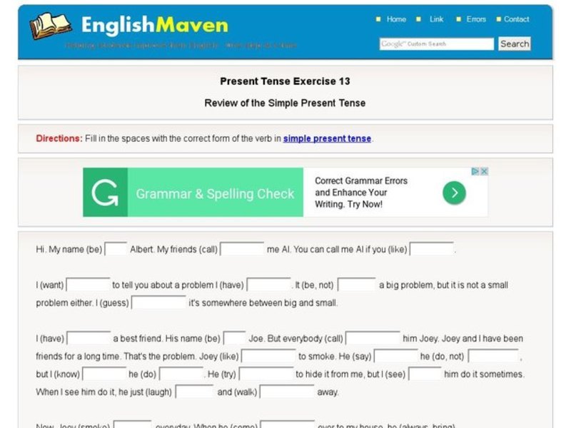 Present Tense Exercise 13:  Review of the Simple Present Tense Interactive