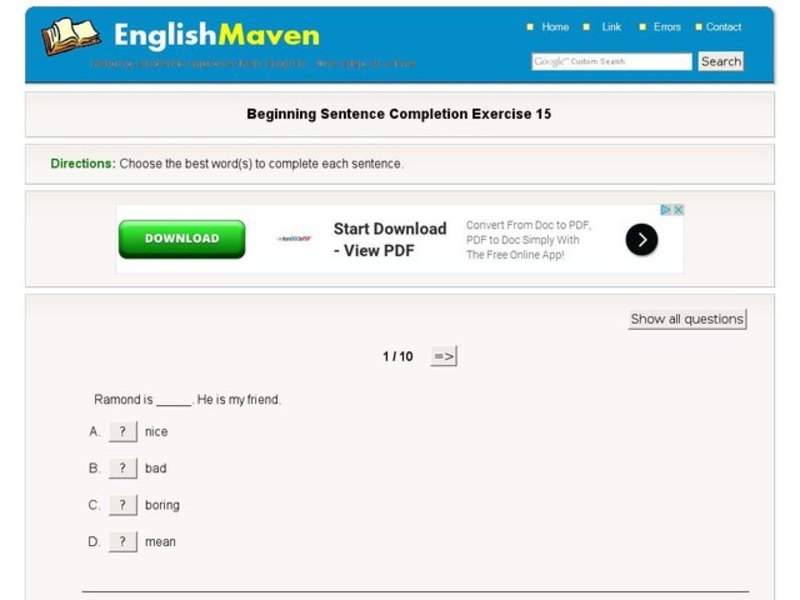 Beginning Sentence Completion Exercise 15 Interactive