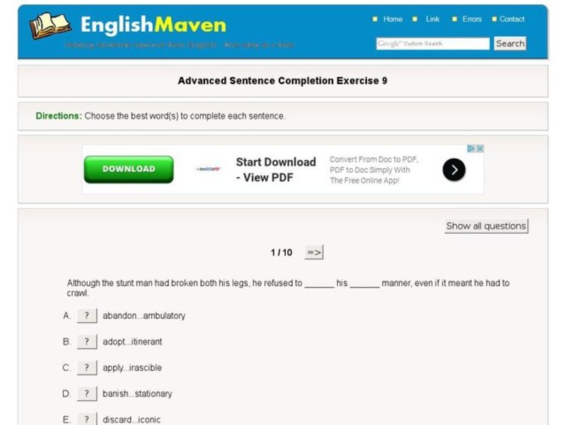 Advanced Sentence Completion Exercise 9 Interactive