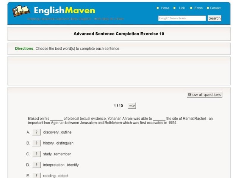 Advanced Sentence Completion Exercise 10 Interactive