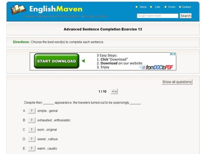 Advanced Sentence Completion Exercise 13 Interactive