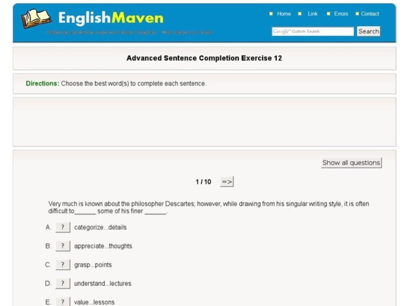 Advanced Sentence Completion Exercise 12 Interactive