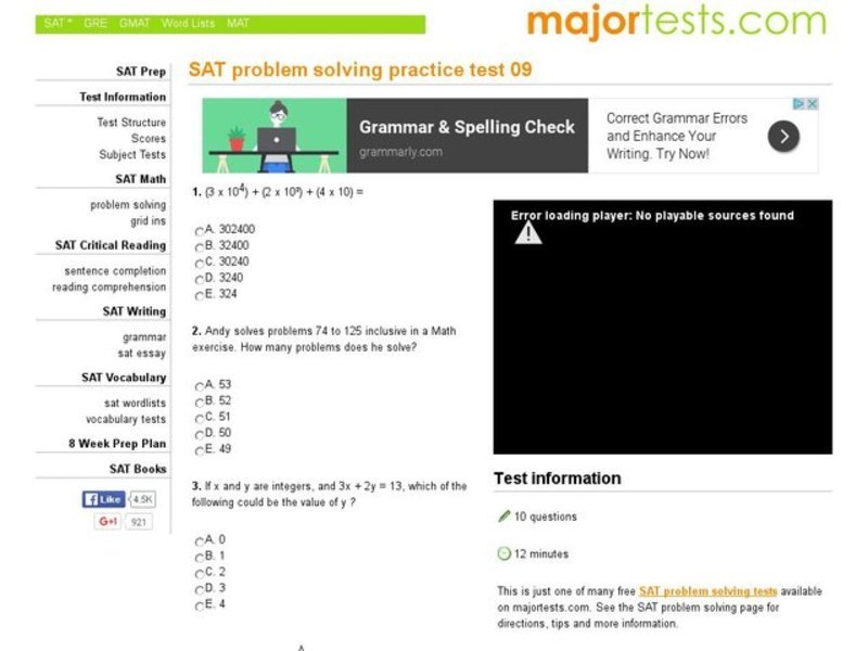 SAT Problem Solving Practice Test 09 Interactive