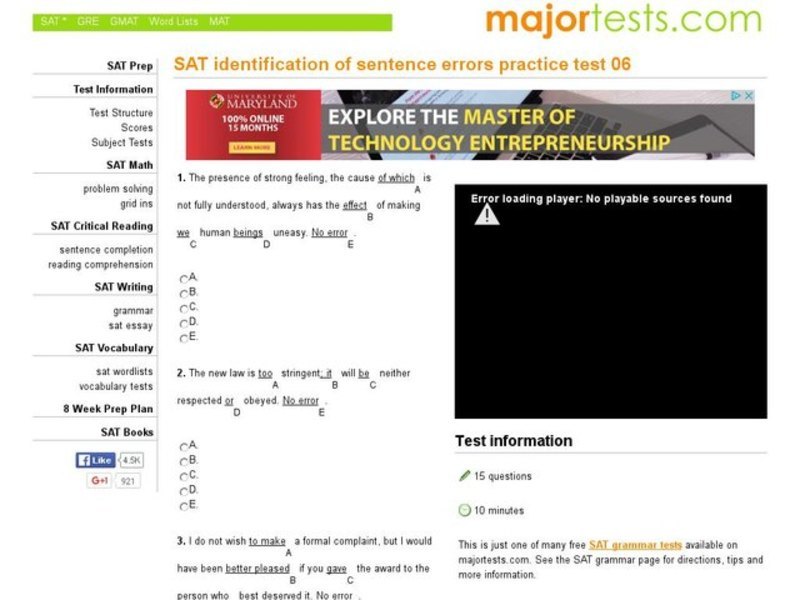 SAT Identification of Sentence Errors Practice Test 06 Interactive