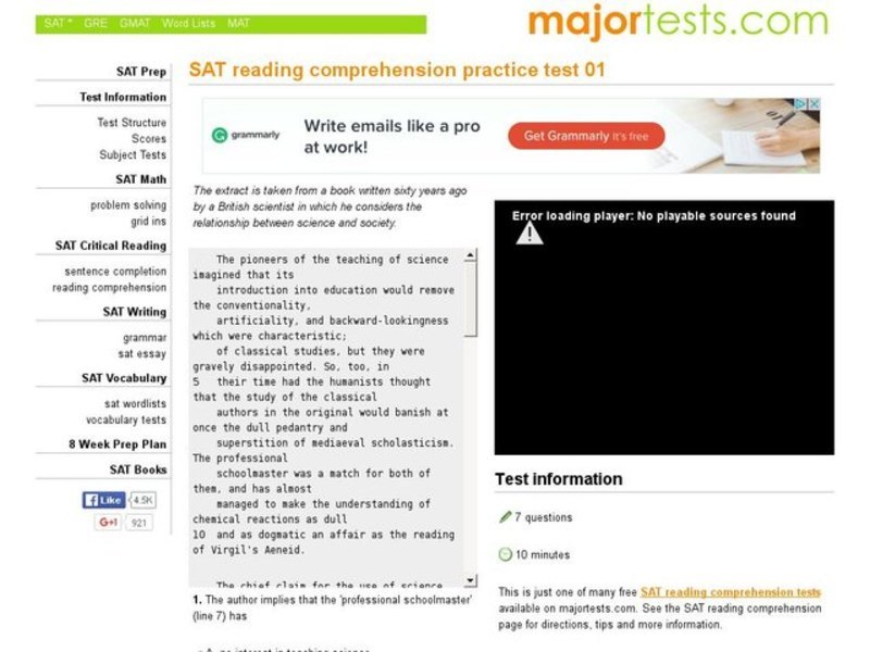 SAT Reading Comprehension Practice Test 01 Interactive