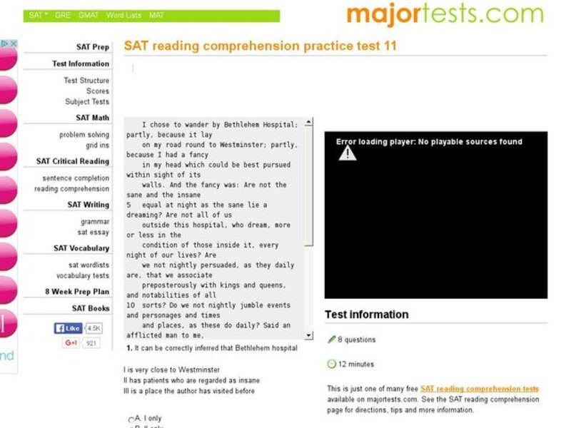 SAT Reading Comprehension Practice Test 11 Interactive