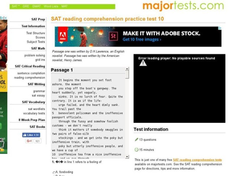 SAT Reading Comprehension Practice Test 10 Interactive