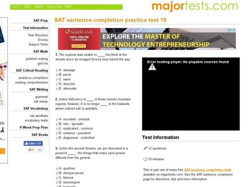 SAT Sentence Completion Practice Test 10 Interactive