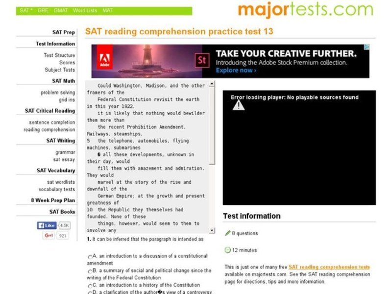 SAT Reading Comprehension Practice Practice Test 13 Interactive