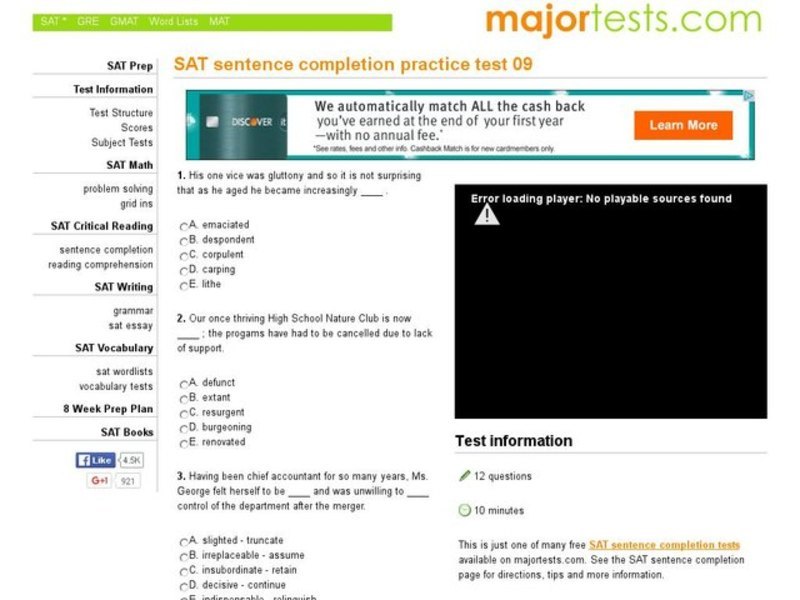 SAT Sentence Completion Practice Test 09 Interactive