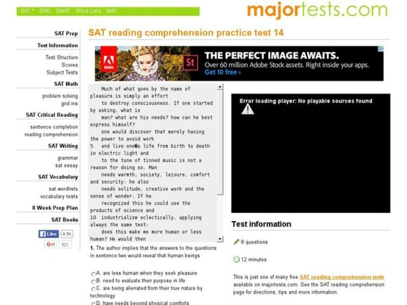 SAT Reading Comprehension Practice Test 14 Interactive