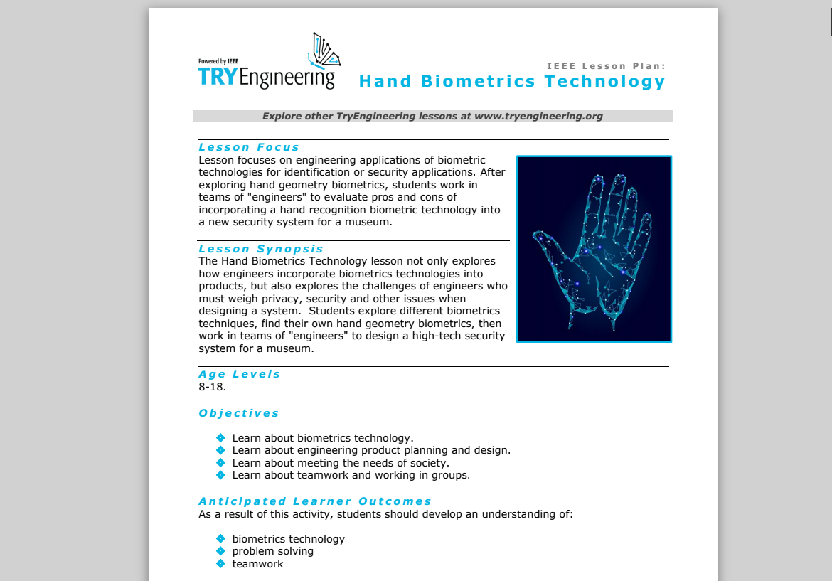 Hand Biometrics Technology Lesson Plan
