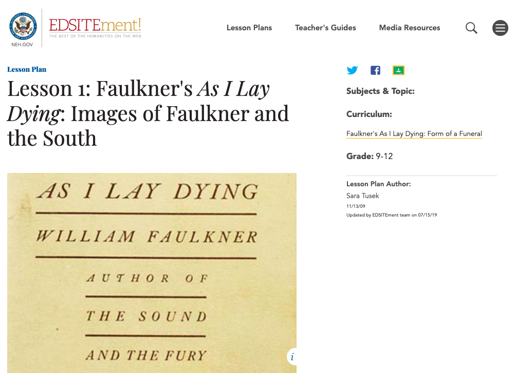 Faulkner's As I Lay Dying: Images of Faulkner and the South Lesson Plan