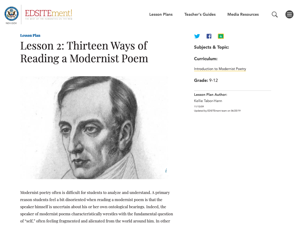 Thirteen Ways of Reading a Modernist Poem Lesson Plan