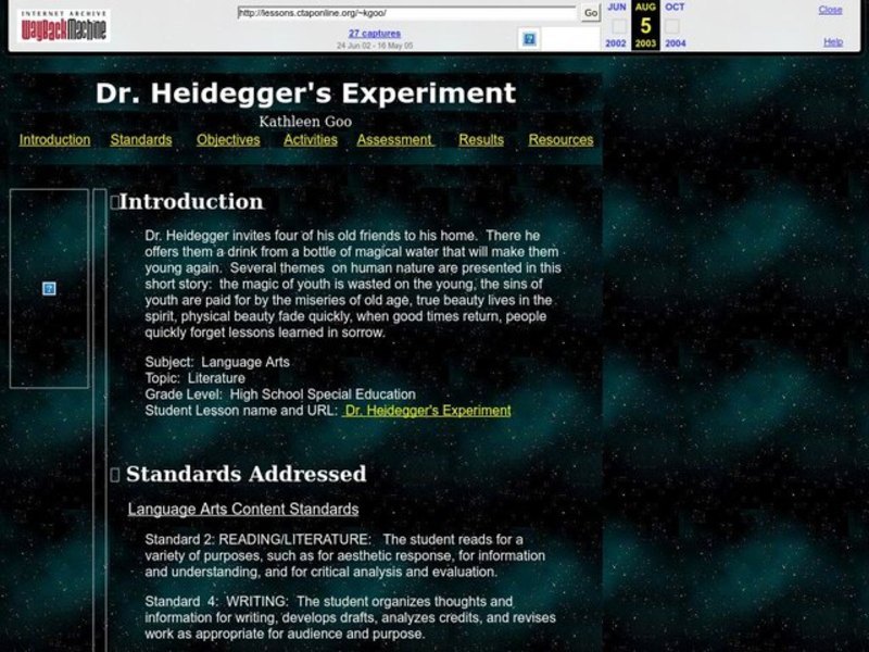 Dr. Heidegger's Experiment Lesson Plan