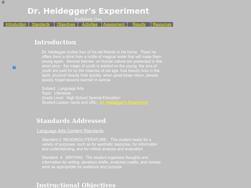 Dr. Heidegger's Experiment Lesson Plan