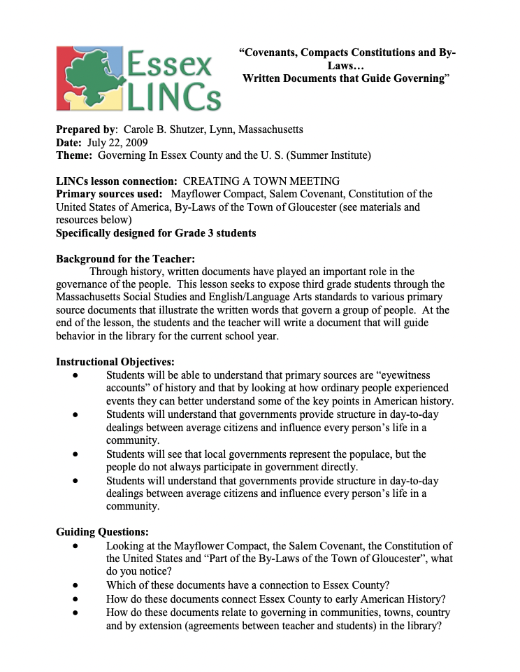 Covenants, Compacts, Constitutions and By-Laws... Written Documents that Guide Governing Lesson Plan