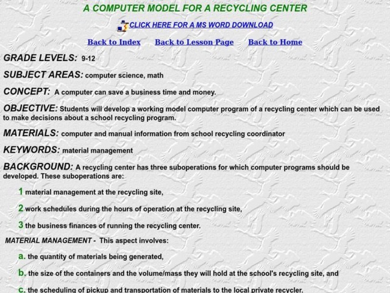 A Computer Model For a Recycling Center Lesson Plan