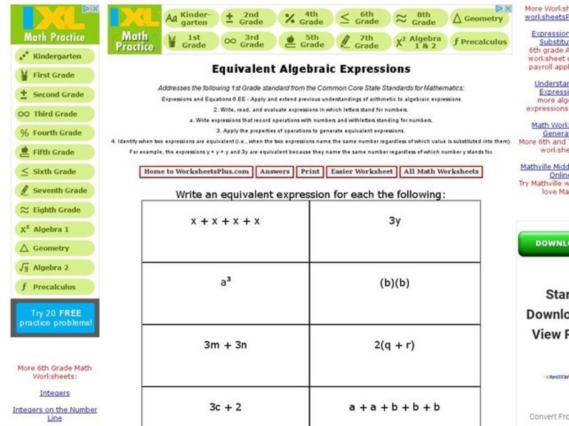 Equivalent Algebraic Expressions Interactive
