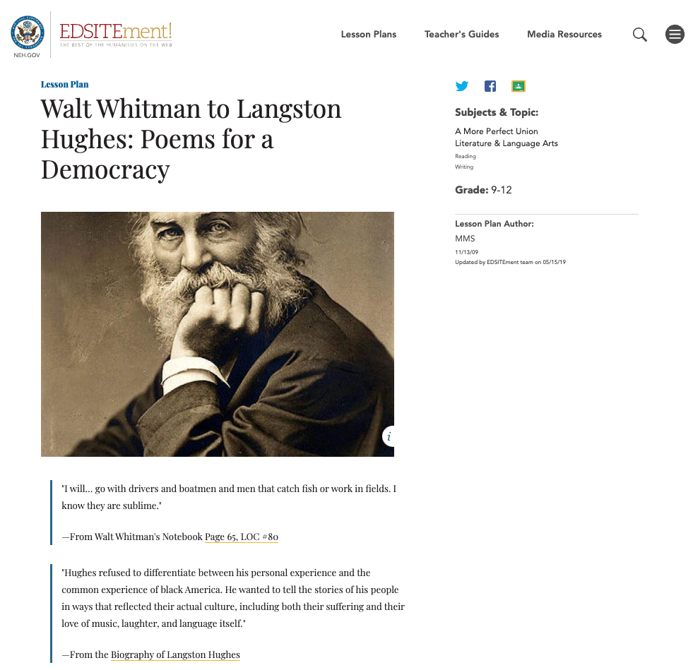 Walt Whitman to Langston Hughes: Poems for a Democracy Lesson Plan