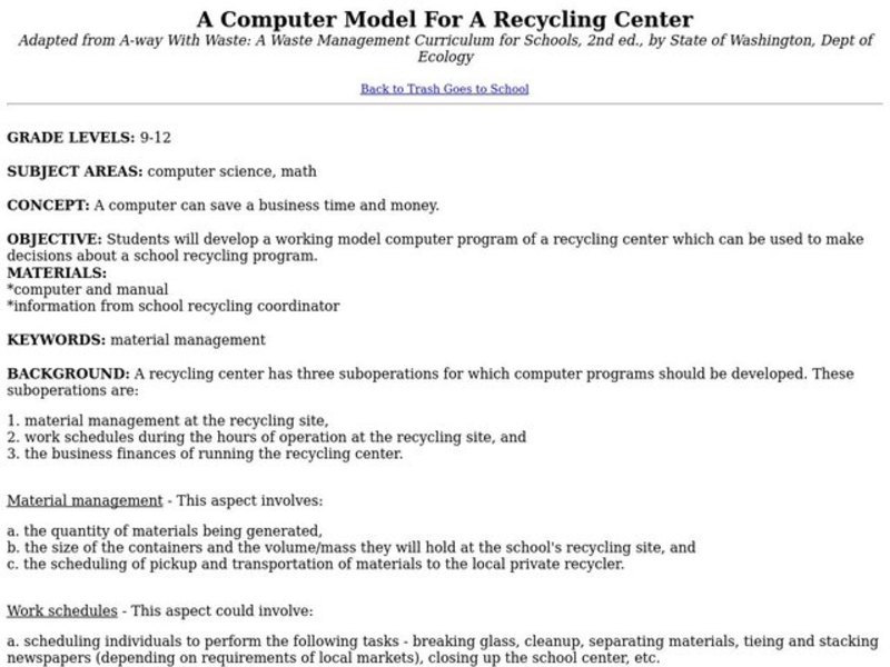 A Computer Model For A Recycling Center Lesson Plan