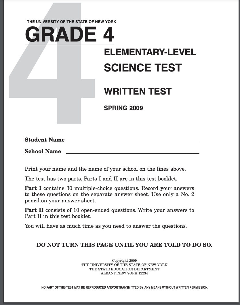 University of the State of New York: Grade 4 Science Test Lesson Plan