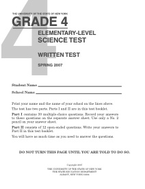 Grade 4: Elementary-Level Test, Science Written Test, 2007 Assessment