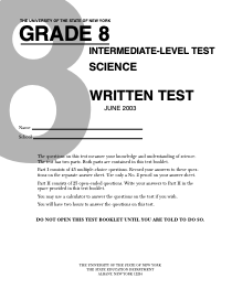Grade 8: Intermediate-Level Test, Science Written Test 2003 Assessment
