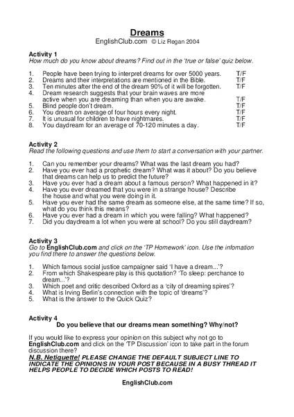 Dreams Worksheet