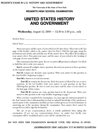 Regents High School Examination: United States History and Government, August 12, 2009 Assessment