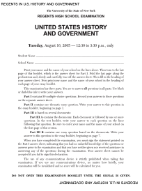 Regents High School Examination: United States History and Government, 2005 Assessment