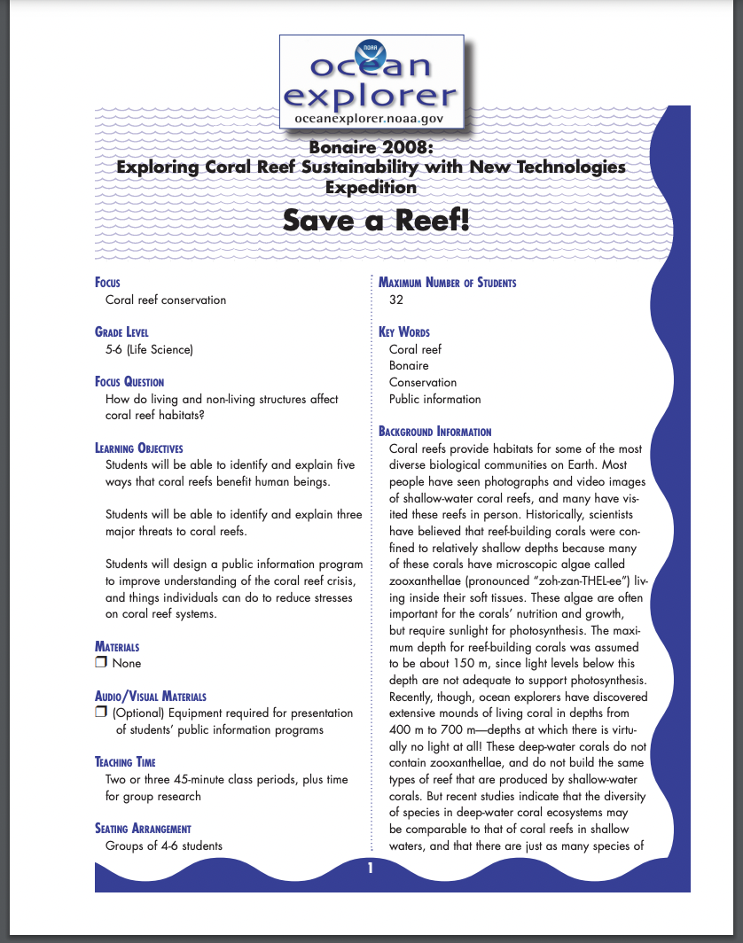 Save A Reef! Lesson Plan