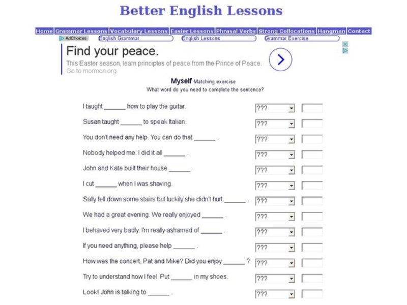 ESL: "Myself" Reflexive Pronoun Matching Exercise Interactive