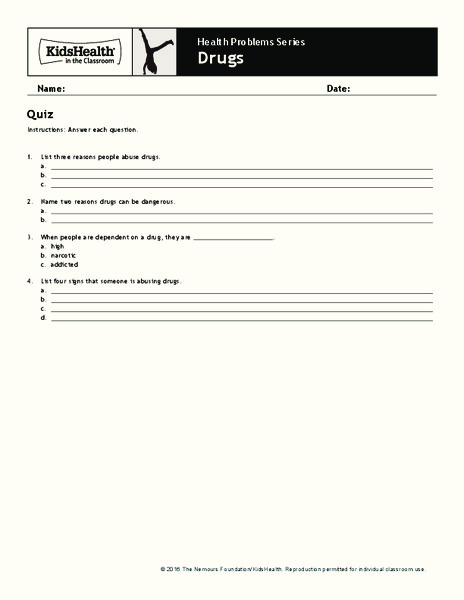 Quiz: Drugs (Grades 6 to 8) Assessment