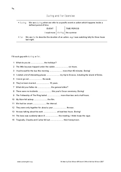 During and For Exercise Worksheet