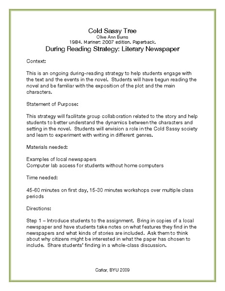 During Reading Strategy: Literary Newspaper Lesson Plan