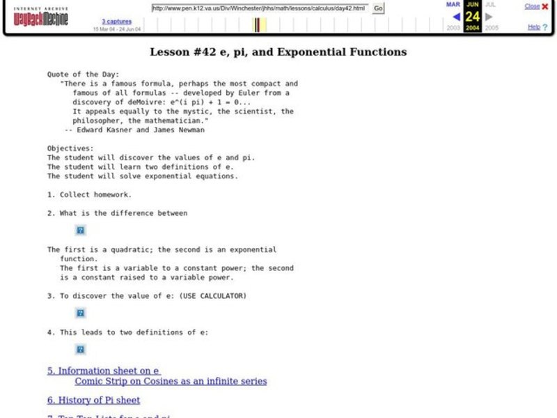 E, Pi, and Exponential Functions Lesson Plan
