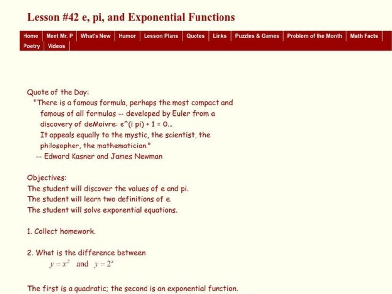 e, pi, and Exponential Functions Lesson Plan