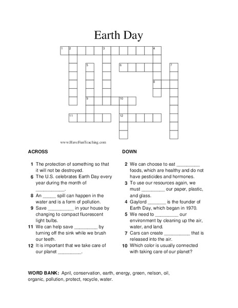 Earth Day Crossword Puzzle Worksheet