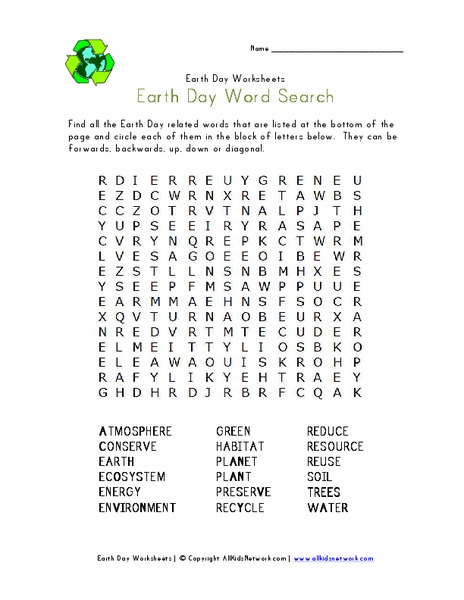 Earth Day Word Search Worksheet
