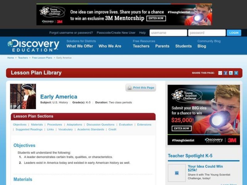 Early America Lesson Plan