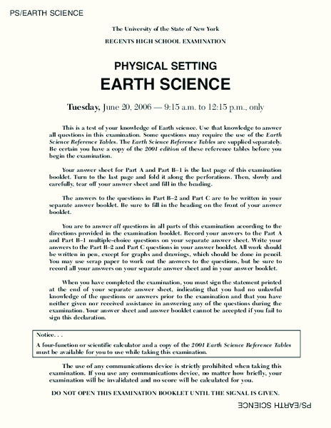 Regents High School Examination: Earth Science - June 2006 Assessment