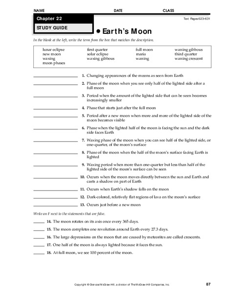 Earth's Moon Worksheet