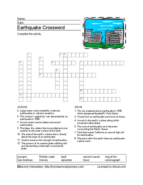 Earthquake Crossword Puzzle Worksheet