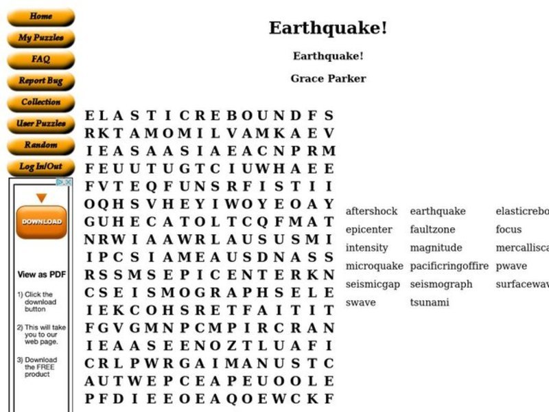 Earthquake Worksheet