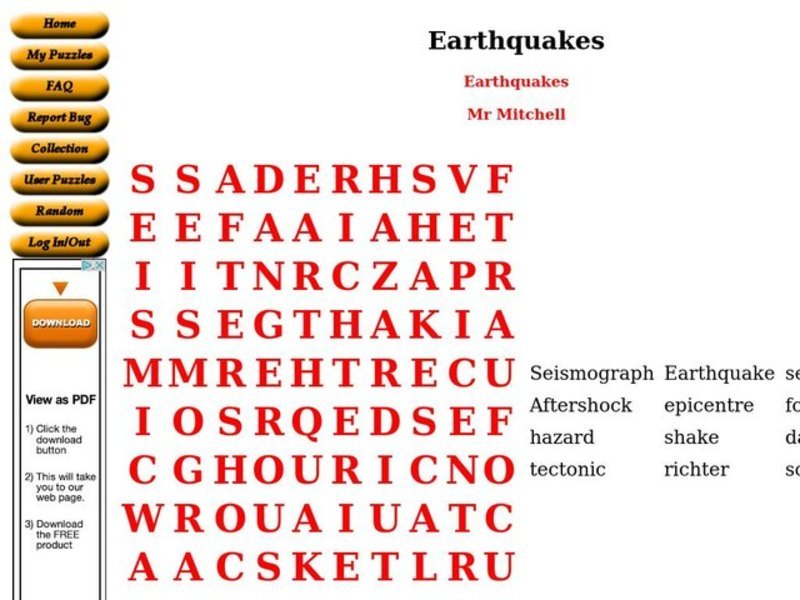 Earthquakes Worksheet