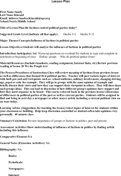 Do Factions Control Political Parties Today? Lesson Plan