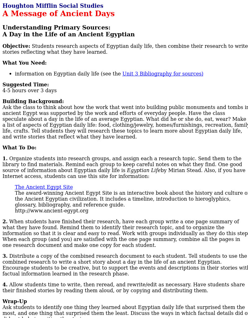 A Day In The Life Of An Egyptian Lesson Plan